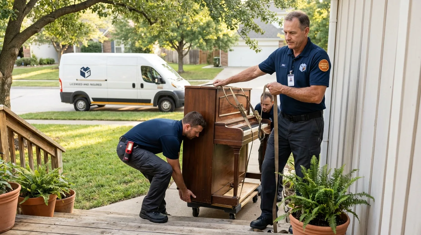 Licensed piano movers securing grand piano in South Rockwood, MI