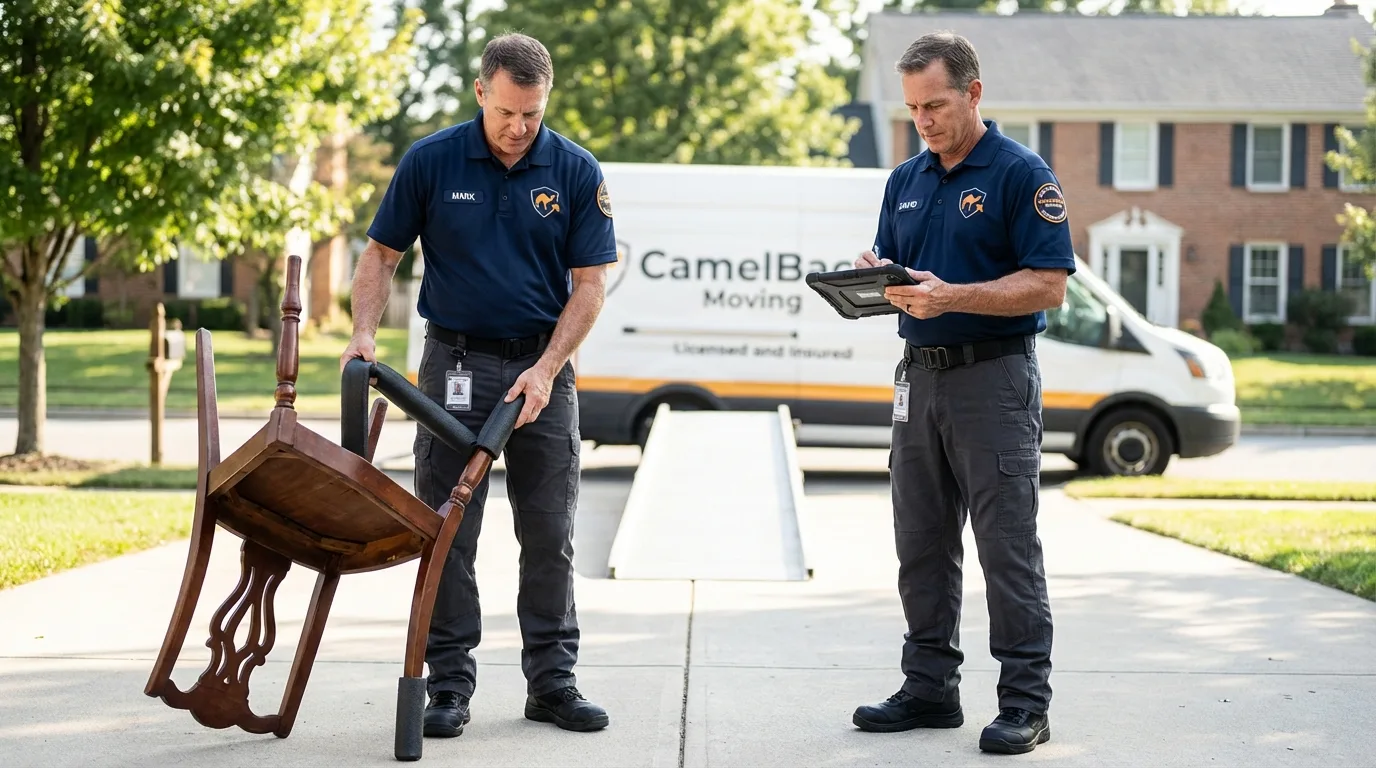 Movers inspecting furniture for damage prevention before loading in South Rockwood, MI