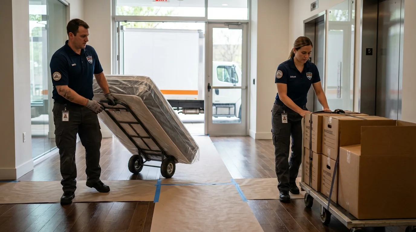 Professional apartment movers loading elevator in South Rockwood, MI