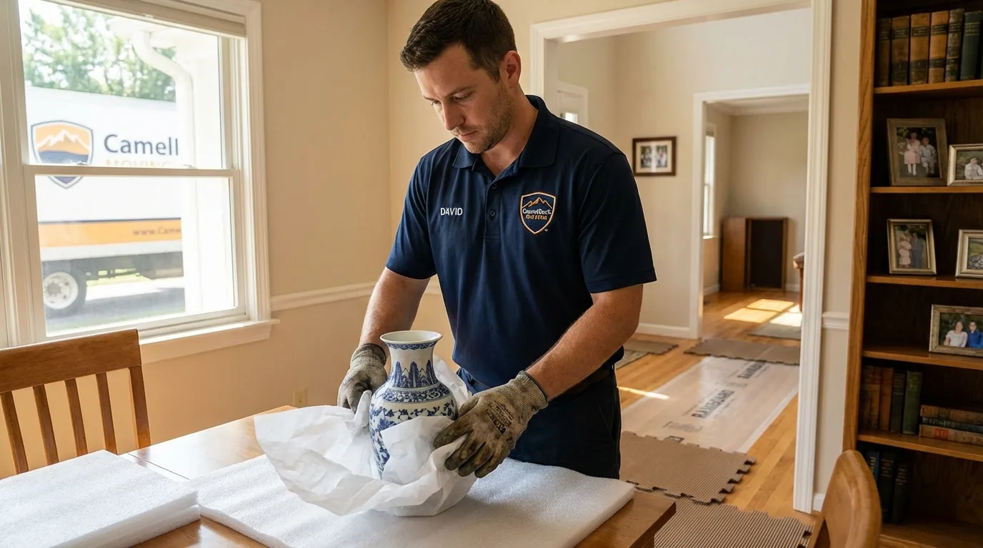 Professional crew carefully wrapping antique vase for senior downsizing move in South Rockwood, MI